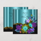 Blauwgroen Paars Floral Black Gold Birthday Party Kaart (Voorkant / Achterkant)