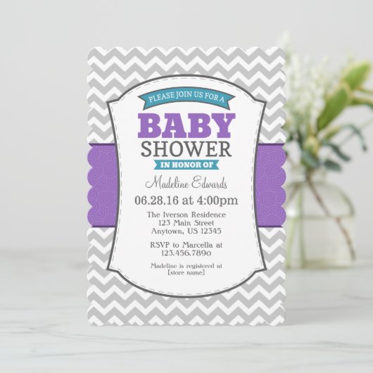 Blauwgroen Paars Gray Chevron Baby shower Uitnodig Kaart (Staand voorkant)