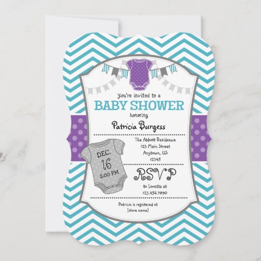 Blauwgroen Paars Gray Chevron Baby shower Uitnodig Kaart (Voorkant)