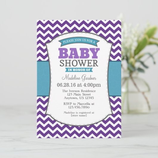 Blauwgroen Paars Gray Chevron Baby shower Uitnodig Kaart (Staand voorkant)