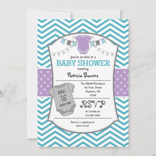 Blauwgroen Paars Gray Chevron Baby shower Uitnodig Kaart (Voorkant)