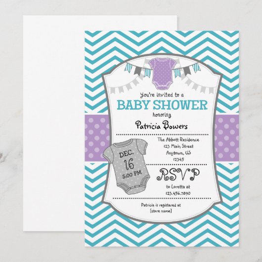 Blauwgroen Paars Gray Chevron Baby shower Uitnodig Kaart (Voorkant / Achterkant)
