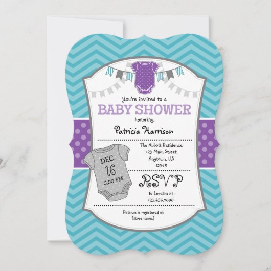Blauwgroen Paars Gray Chevron Baby shower Uitnodig Kaart (Voorkant)