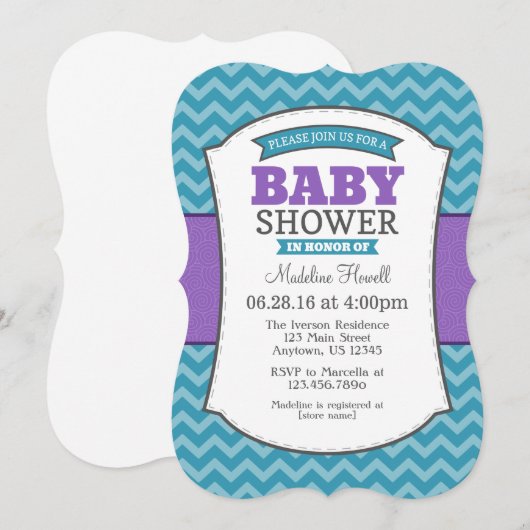 Blauwgroen Paars Gray Chevron Baby shower Uitnodig Kaart (Voorkant / Achterkant)