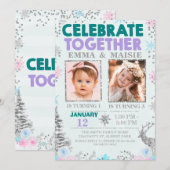 Blauwgroen Paars Joint of Twins Winter Thmed Birth Kaart (Voorkant / Achterkant)