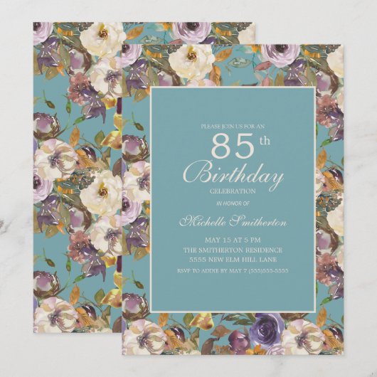 Blauwgroen Paars Mustard Ivory Floral 85th Birthda Kaart (Voorkant / Achterkant)