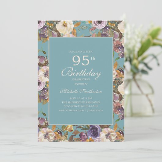 Blauwgroen Paars Mustard Ivory Floral 95e verjaard Kaart (Staand voorkant)