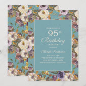 Blauwgroen Paars Mustard Ivory Floral 95e verjaard Kaart (Voorkant / Achterkant)