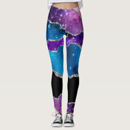 Blauwgroen Paars Silver Black gemarmerd Agate en G Leggings