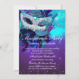 Blauwgroen Paars vetmasker Masquerade Birthday Kaart