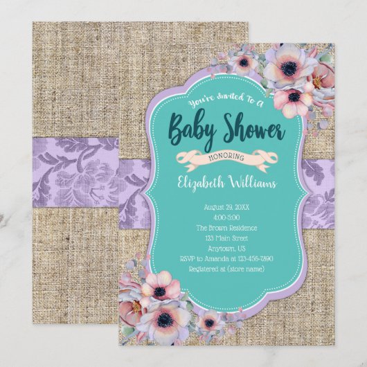 Blauwgroen Paars Waterverf Bloemen Baby shower Kaart (Voorkant / Achterkant)