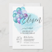 Blauwgroen Paarse ballonnen 11e uitnodiging (Voorkant)