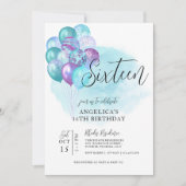 Blauwgroen Paarse ballonnen 16e verjaardag uitnodi Kaart (Voorkant)