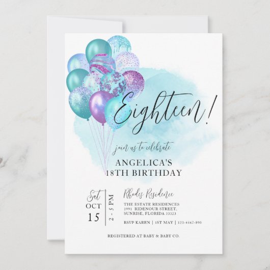 Blauwgroen Paarse ballonnen 18e uitnodiging (Voorkant)