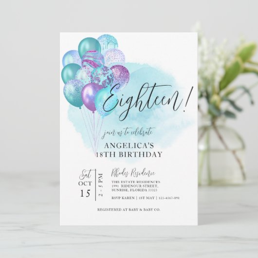 Blauwgroen Paarse ballonnen 18e uitnodiging (Staand voorkant)