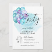 Blauwgroen Paarse ballonnen 60th Birthday Invitati Kaart (Voorkant)