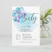 Blauwgroen Paarse ballonnen 60th Birthday Invitati Kaart (Staand voorkant)