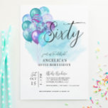 Blauwgroen Paarse ballonnen 60th Birthday Invitati Kaart<br><div class="desc">Blauwgroen Paarse ballonnen 60th Birthday Invitation</div>