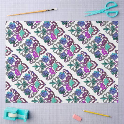 BLAUWGROEN PAARSE BLAUWE GROENE BORDUURBLOEMEN TISSUEPAPIER (Craft)