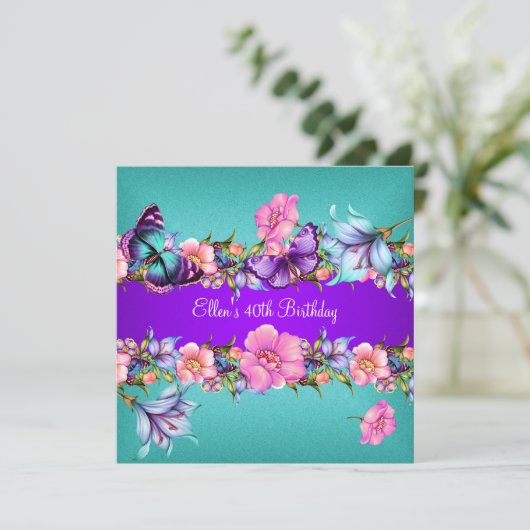 Blauwgroen Paarse blauwe roze vlinder Birthday Par Kaart (Staand voorkant)