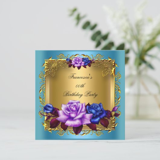 Blauwgroen Paarse blauwe Rozen Gold Birthday Party Kaart (Staand voorkant)
