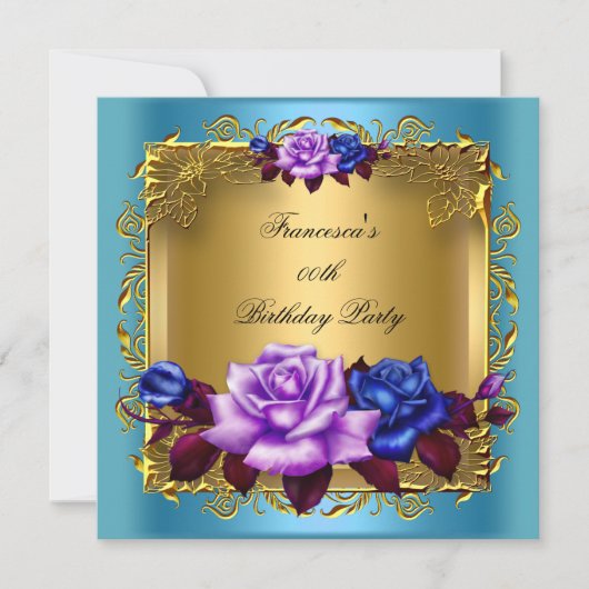 Blauwgroen Paarse blauwe Rozen Gold Birthday Party Kaart (Voorkant)