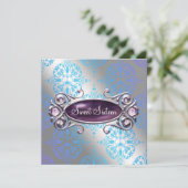 Blauwgroen Paarse Damask Sweet 16 verjaardagsfeest Kaart (Staand voorkant)