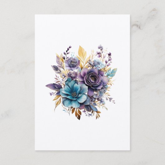 Blauwgroen, Paarse en gouden bloemen bruiloft gast Informatiekaartje (Achterkant)