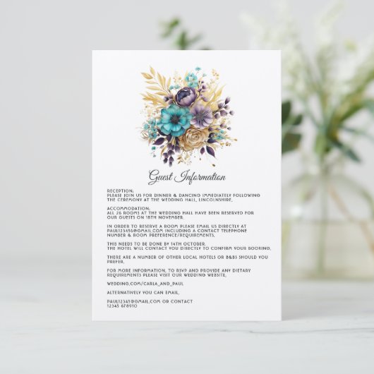 Blauwgroen, Paarse en gouden bloemen bruiloft gast Informatiekaartje (Staand voorkant)