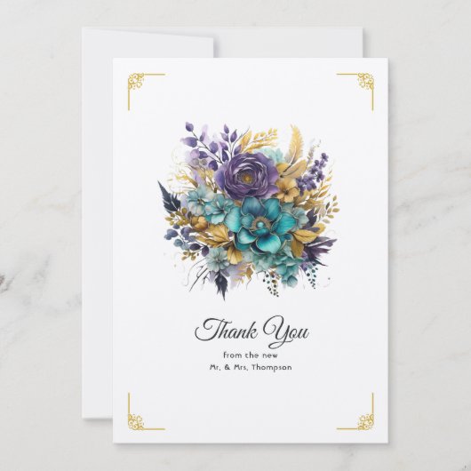Blauwgroen, Paarse en gouden bloemenbruiloft Bedankkaart (Voorkant)