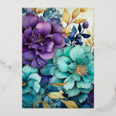 Blauwgroen, Paarse en gouden bloemenbruiloft Folie Uitnodiging (Achterkant)