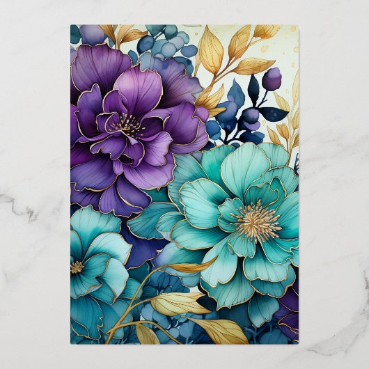 Blauwgroen, Paarse en gouden bloemenbruiloft Folie Uitnodiging (Achterkant)