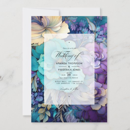 Blauwgroen, Paarse en gouden bloemenbruiloft Kaart (Voorkant)