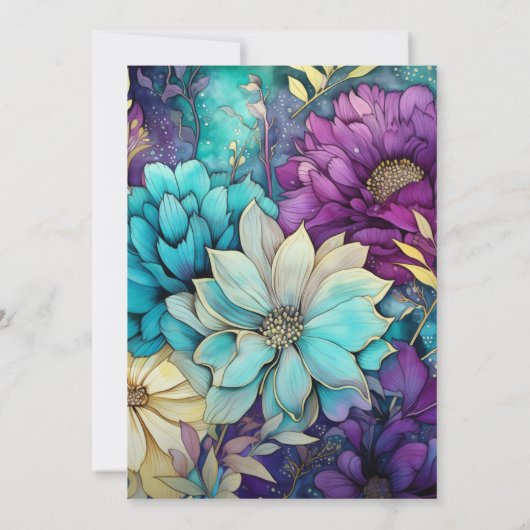 Blauwgroen, Paarse en gouden bloemenbruiloft Kaart (Achterkant)