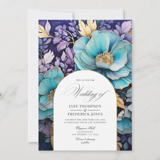 Blauwgroen, Paarse en gouden bloemenbruiloft Kaart (Voorkant)