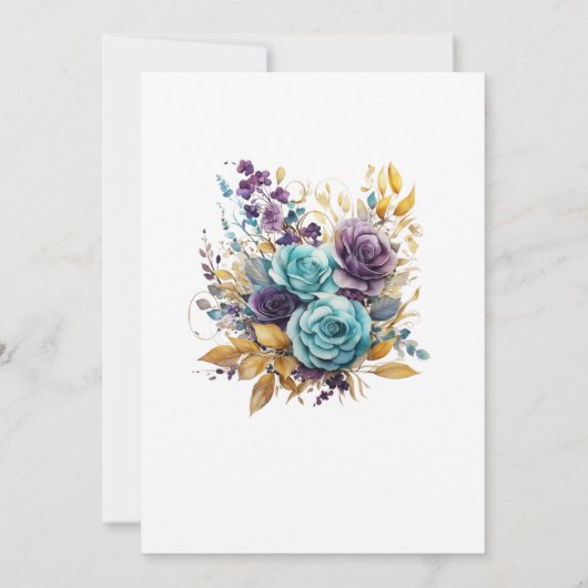 Blauwgroen, Paarse en gouden bloemenbruiloft Kaart (Achterkant)