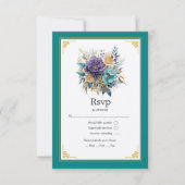Blauwgroen, Paarse en gouden bloemenbruiloft RSVP Kaartje (Voorkant)