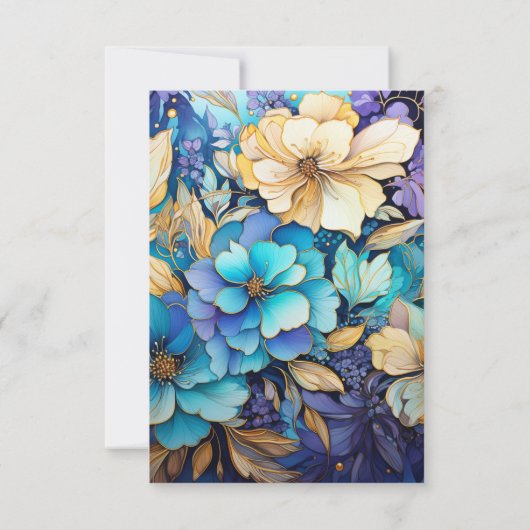 Blauwgroen, Paarse en gouden bloemenbruiloft RSVP Kaartje (Achterkant)