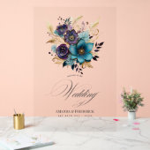 Blauwgroen, Paarse en gouden bloemenbruiloft welko Acryl Bord (Huwelijk)