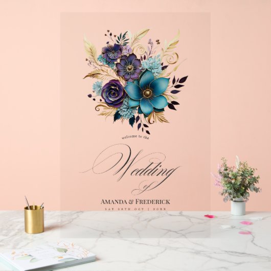 Blauwgroen, Paarse en gouden bloemenbruiloft welko Acryl Bord (Huwelijk)