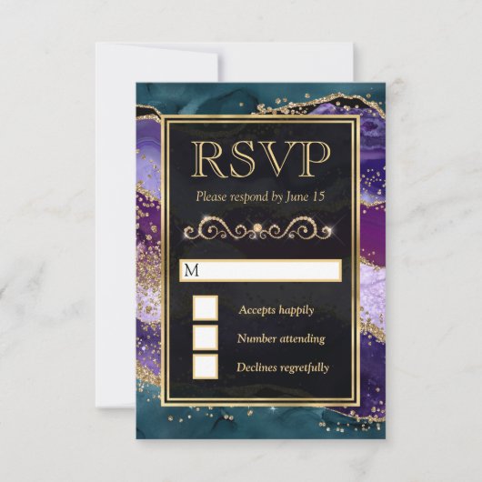 Blauwgroen, Paarse en goudglitter Agate Wedding RSVP Kaartje (Voorkant)