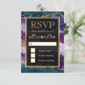 Blauwgroen, Paarse en goudglitter Agate Wedding RSVP Kaartje (Staand voorkant)