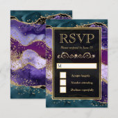 Blauwgroen, Paarse en goudglitter Agate Wedding RSVP Kaartje (Voorkant / Achterkant)