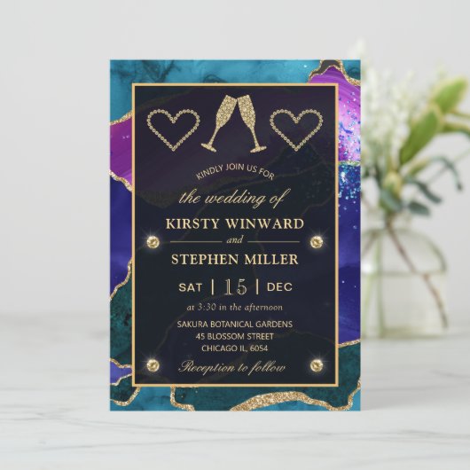 Blauwgroen, Paarse en goudglitter Peacock Agate We Kaart (Staand voorkant)