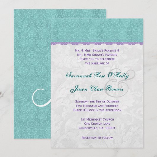 Blauwgroen Paarse en Silver Wedding Sjabloon V01 Kaart (Voorkant / Achterkant)