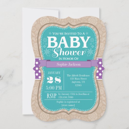 Blauwgroen Paarse Floral Flower Baby shower Invita Kaart (Voorkant)