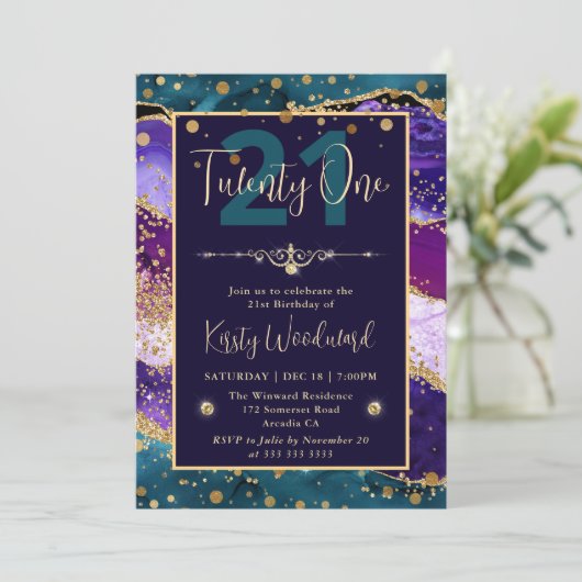 Blauwgroen & Paarse & Gouden Glitter Agaat Verjaar Kaart (Staand voorkant)