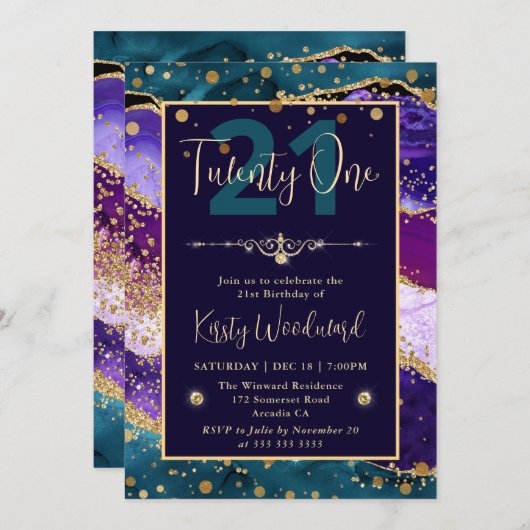 Blauwgroen & Paarse & Gouden Glitter Agaat Verjaar Kaart (Voorkant / Achterkant)