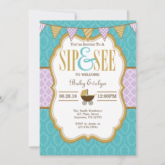 Blauwgroen Paarse gouden slok en zie uitnodiging (Voorkant)