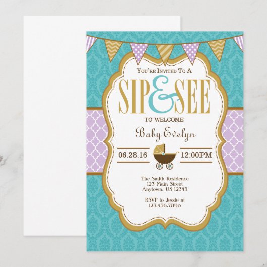 Blauwgroen Paarse gouden slok en zie uitnodiging (Voorkant / Achterkant)